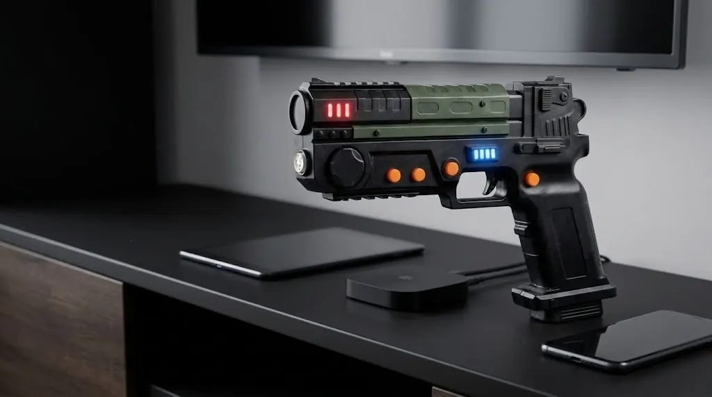 Sharpin Shooter beside a TV, Android TV box, tablet and smartphone
