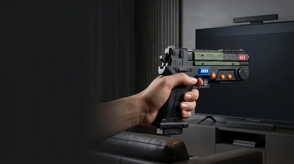 Sharpin Shooter aimed at a television with two sensor bars